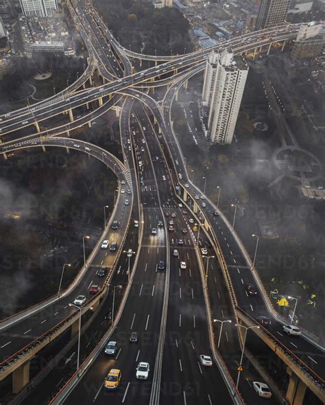 Aerial View Of Rainbow Road With Complex Intersection During A Foggy