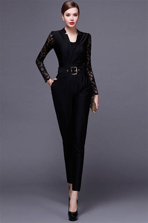 Black Jersey Lace Long Sleeve Formal Occasion Evening Jumpsuit Dressy Jumpsuits Evening Wear