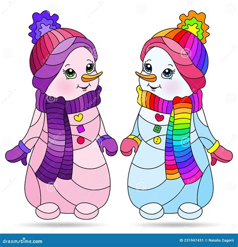 Stained Glass Illustration With Funny Cartoon Snowmen Bright Figures