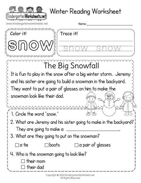 Winter Reading Worksheet For Kindergarten Free Printable Digital And Pdf