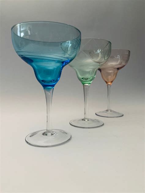 Multi Colored Etched Margarita Glasses Cocktail Glasses Etsy