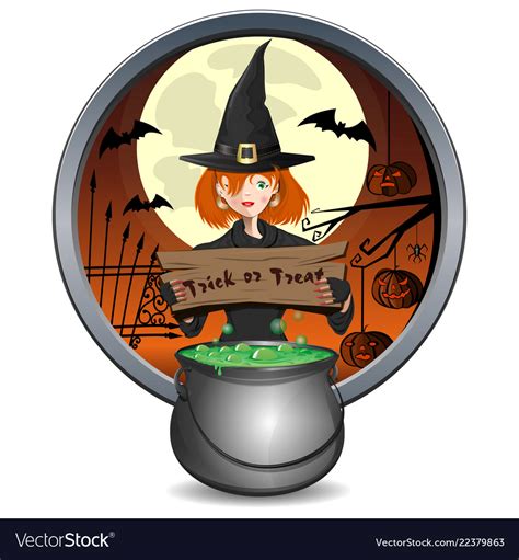 Halloween Banner With Cute Young Witch And Pot Vector Image
