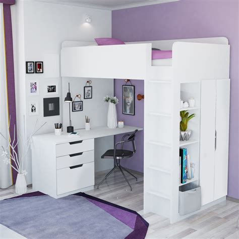 High Sleeper Loft Bed With Desk And Wardrobe In White Carter Atelier
