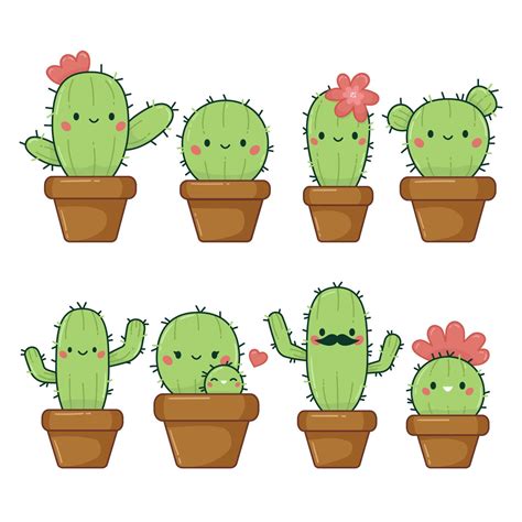 Collection Of Cute Cactus Plant With Happy Face Kawaii Cartoon