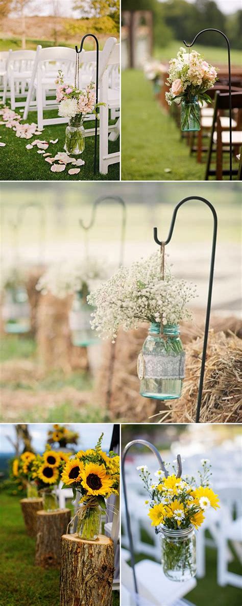 Rustic Outdoor Wedding Aisle Decorations With Mason Jars And Flowers