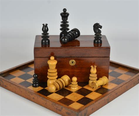Ref1679 English St George Pattern Chess Set Board And Box Antique
