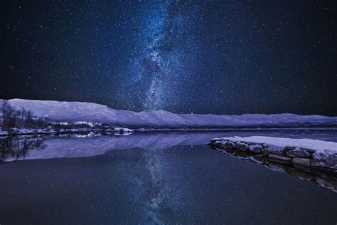 Milky Way Nature Night River Sky Snow Stars Winter Wallpaper
