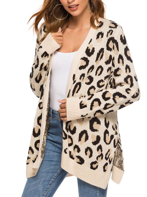 Khaki Leopard Print Long Sleeve Cardigan Choies