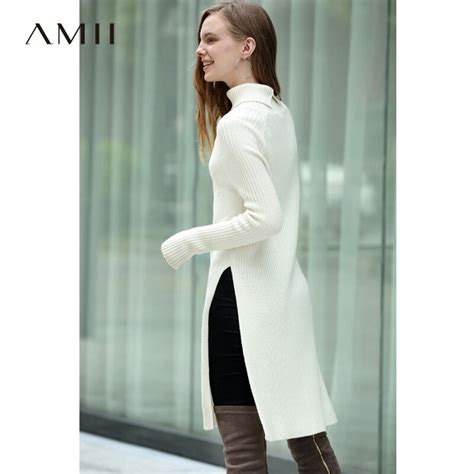 Amii Minimalist Women Long Sweater Autumn Winter 2018 Causal Solid Long Sleeve Side Slit Wool