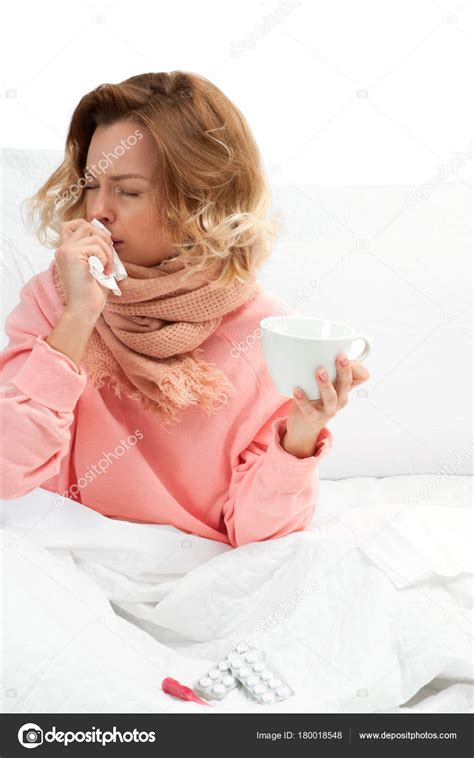 Woman Having A Cold Flu Sore Throat And Coughing Stock Photo By