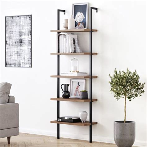 Nathan James Theo 5-Shelf Ladder Bookcase Rustic Dark Walnut Brown Wood