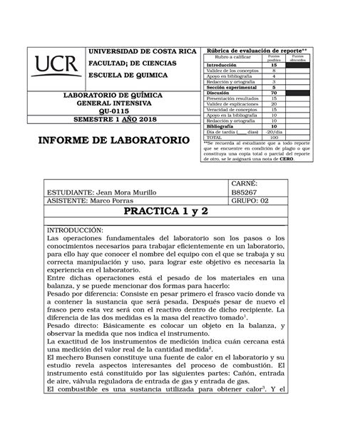 Informe Química Practica 1 Y 2 Operaciones Fundamentales Del