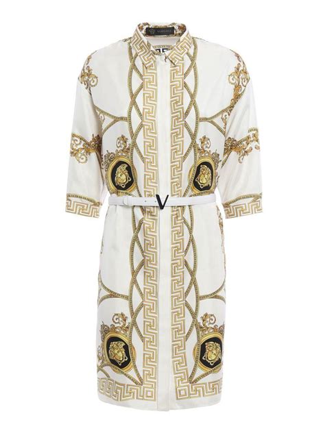 Versace Baroque Print Silk Belted Dress In Whitegold Modesens