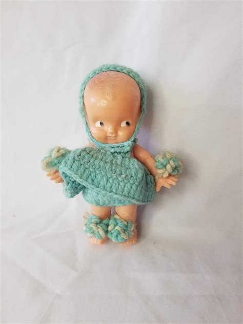 Creepy Celluloid 1950s Vintage Irwin 7 Kewpie Doll In Crochet Outfit