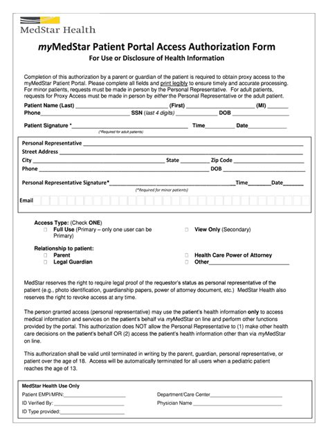 Mymedstar Patient Portal Access Authorization Form Fill And Sign