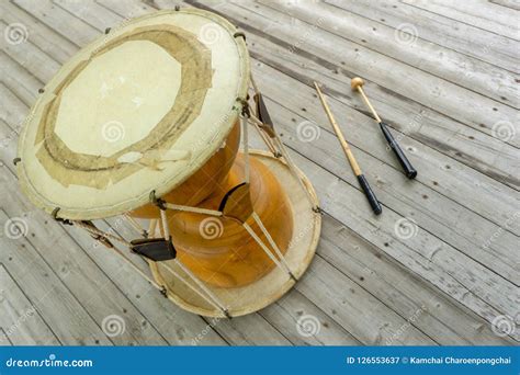 The Janggu Or Janggo Traditional Korean Drum With Beating Sticks On The Wooden Stock Image Image