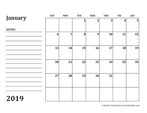 2019 Blank Calendar Template With Notes Free Printable Templates