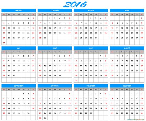 2016 Yearly Calendar Template In Landscape Format Printable Calendar