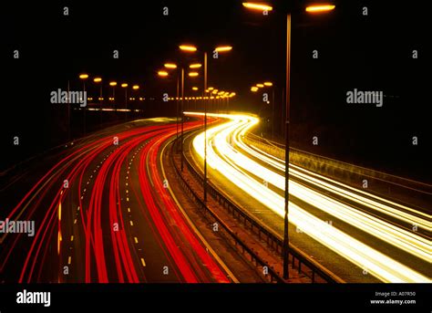 Lights Of Traffic On The M1 Motorway At Night Northamptonshire England