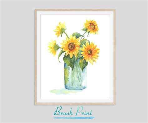 Sunflowers In Mason Jar Downloadable Wall Art Watercolor Etsy
