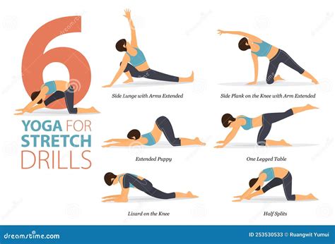 6 Yoga Poses Or Asana Posture For Workout In Stretch Drills Concept
