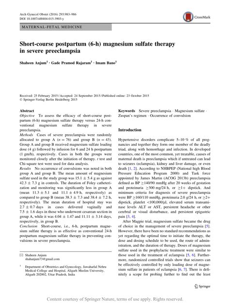 Short Course Postpartum 6 H Magnesium Sulfate Therapy In Severe Preeclampsia Request Pdf