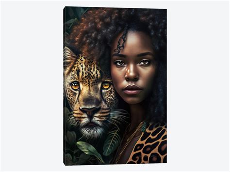 Young Woman And Feline Spirit Animal I Art Print Digital Wild Art