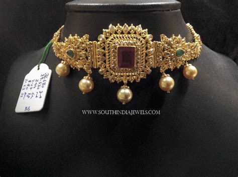 Short Gold Choker Necklace With Pearls South India Jewels