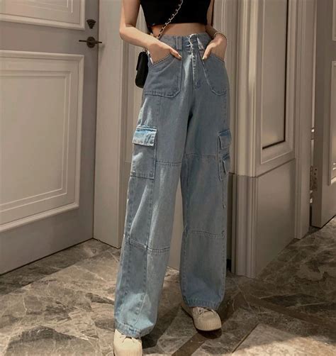 Vintage Wide Leg Woman Jeans High Waisted Jeans Blue Casual Long Trousers Korean Streetwear