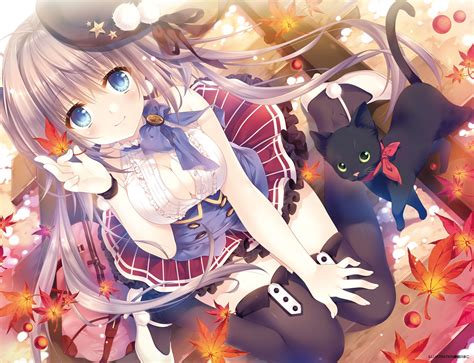 Wallpaper Leaves Illustration Cat Anime Girls Hat Big Boobs Thigh Highs Cleavage