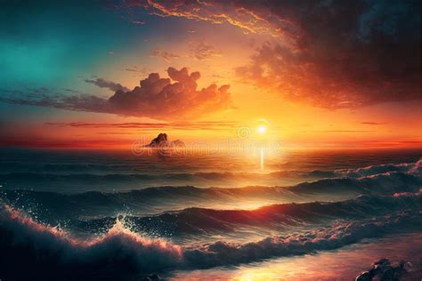 Beautiful Sunrise Over The Sea Digital Illustration Painting Artwork
