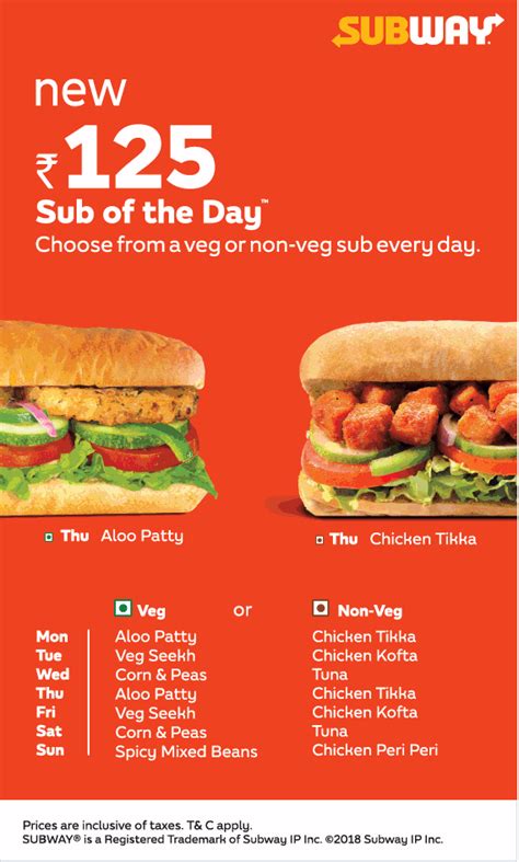 Here's the discounted subway sub of the day. Subway New Rs 125 Sub Of The Day Choose From A Veg Or Non ...
