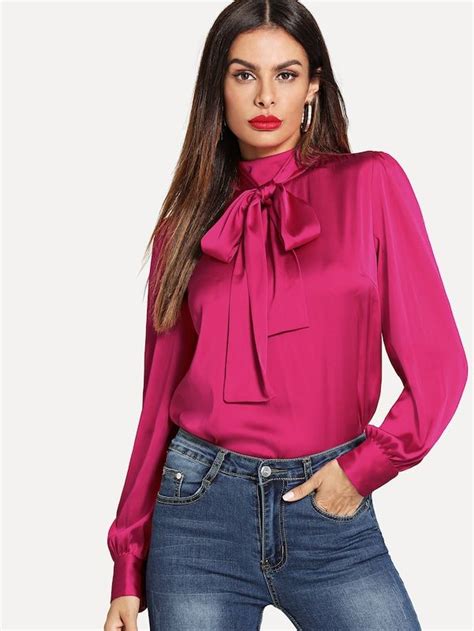 Shein Neon Pink Tie Neck Buttoned Back Satin Blouse Satin Blouse
