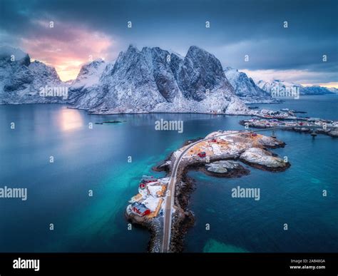 Aerial View Of Hamnoy At Dramatic Sunset In Winter In Norway Stock