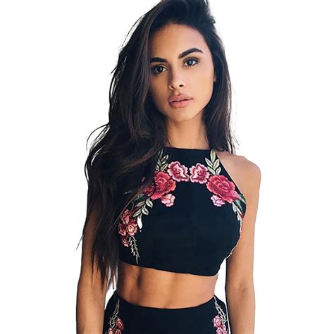 Crop Tops Short Sexy Tank Embroidery Rose Tops Women Black Tanks Top