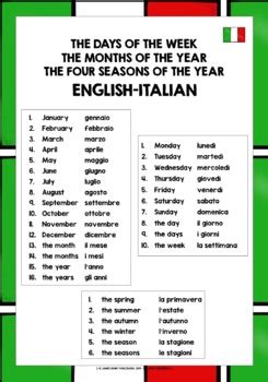 ITALIAN DAYS, MONTHS, SEASONS VOCABULARY REFERENCE LIST | TpT