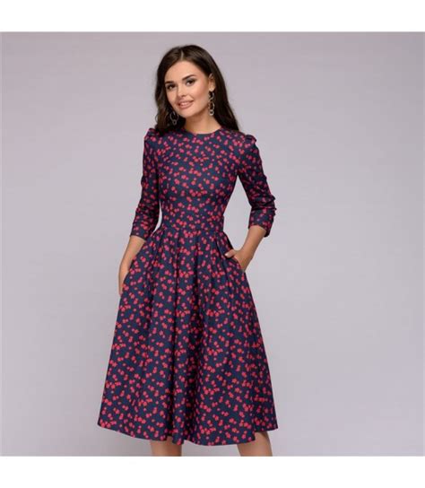 Women Dress 2019 Fall Printing With Pockets Casual Midi Party Dress