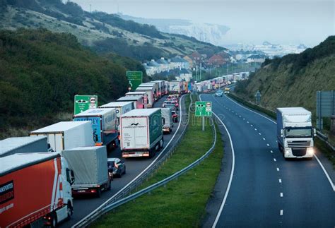 Hgv Lorries Queue On The M20 Motorway Outside Dover The Uks Largest Port Editorial Stock