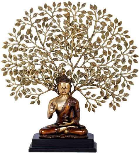 Tibetan Buddhist Seated Lord Buddha The Elaborate Bodhi Tree In Background