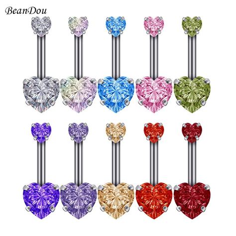 Sexy Heart Belly Button Rings Navel Piercing Jewelry Double Cubic Zirconia Surgical Steel 14g