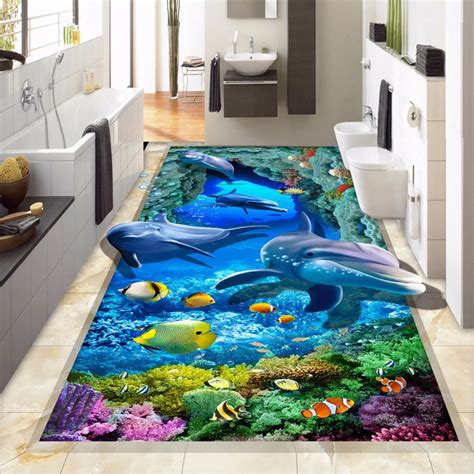 3d Floor Wallpaper Custom Wall Mural Seabed Dolphin Bathroom Floor