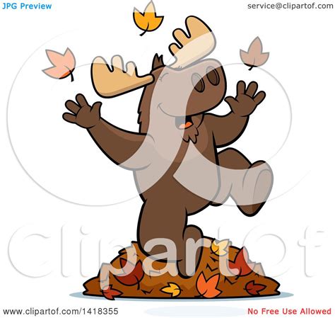 Cartoon Clipart Of A Happy Moose Playing In Autumn Leaves
