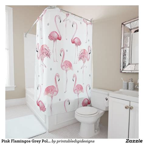 The vibrant colors in our botanical flamingo shower curtain are sure to brighten and energize any bathroom. Pink Flamingos Grey Polka Dots Chic Tropical Shower ...