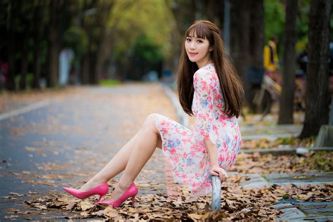 X Dress Brunette High Heels Smile Asian Woman Depth Of Field Model Long Hair