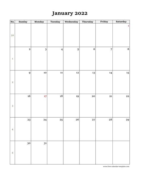 Monthly Calendar 2022 Simple Design With Large Box On Each Day For