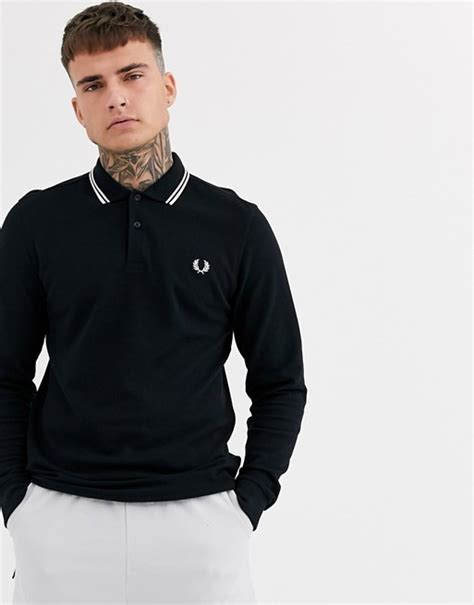 Fred Perry Long Sleeve Twin Tipped Polo Shirt In Black Asos