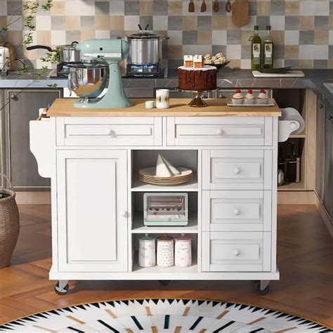White Kitchen Island With Wheels Large Storage And Adjustable Shelves