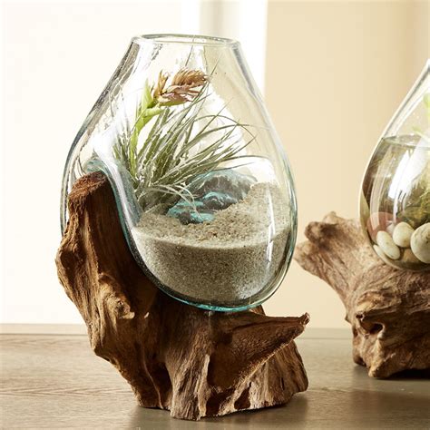 Sculptural Glass Vase Mounted On Wood Base Teak Wood Vase Organic Design Interior Design Ideas