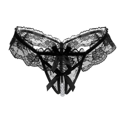 Crotchless Thong G String Bow Panties In Soft Stretch Lace With Pearls