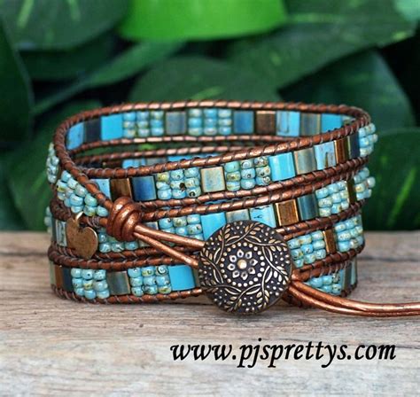 Turquoise And Bronze Tila Seed Bead Leather Multi Wrap Bracelet With